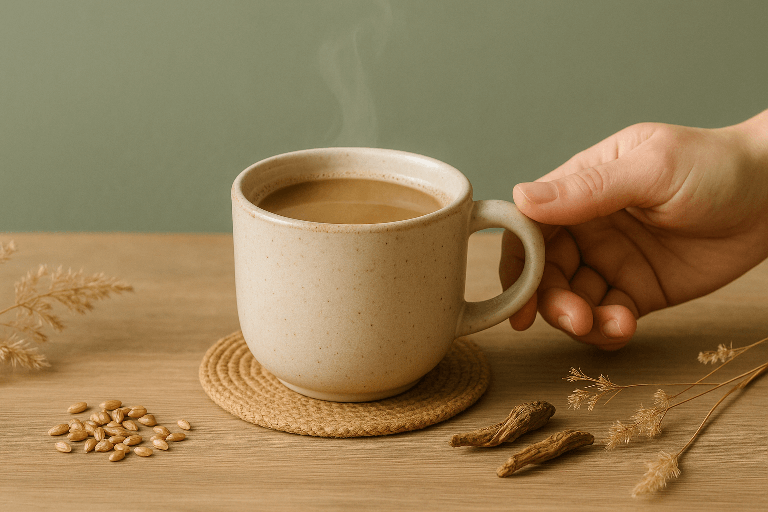 Tasse en céramique beige contenant une boisson chaude sans caféine à base de chicorée, de lupin ou de céréales torréfiées, posée sur une table en bois clair avec des grains et des racines séchées, dans une ambiance naturelle et apaisante.