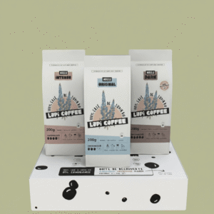 coffret cadeau lupi coffe : café au lupin contenant trois sachets de 200 g plus ou moins forts