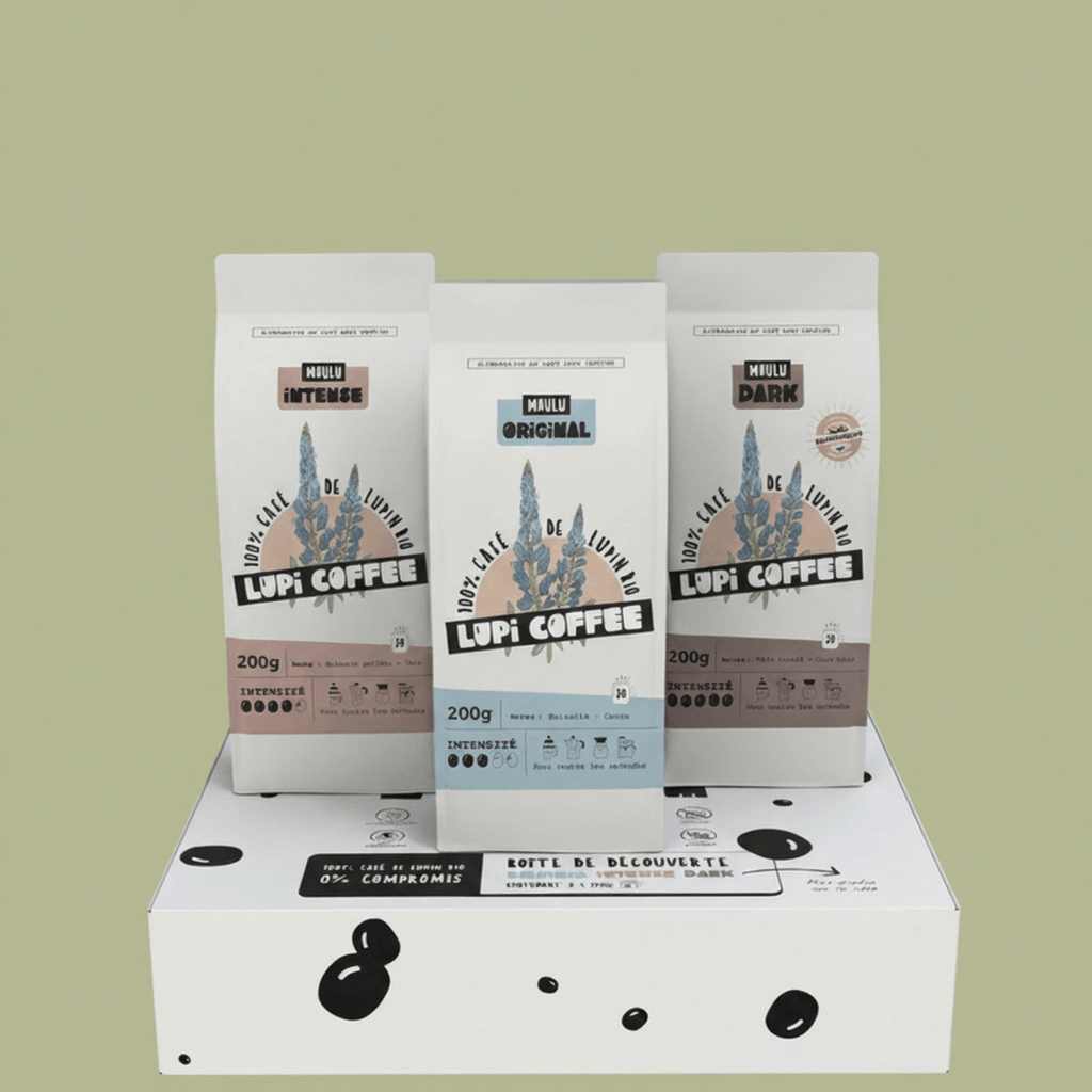 coffret cadeau lupi coffe : café au lupin contenant trois sachets de 200 g plus ou moins forts