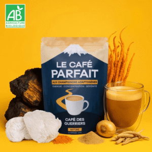 Image du produit café parfait de la marque café des guerriers aux adaptogènes Autour du produit un décor avec une tasse et des éléments rapellant les adaptogènes utilisés