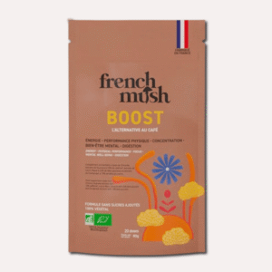 Sachet de French Mush Boost – Complément énergétique naturel aux champignons. Alternative végétale et bio au café, pour l’énergie, la concentration et le bien-être. Fabriqué en France, 20 doses, 80 g