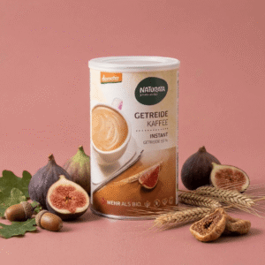 Image du café de céréales instantané Naturata bio, en format deux cent cinquante grammes, mélange de seigle, orge, chicorée, figues et glands, sans caféine et sans gluten.