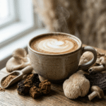 une tasse contenant du café adaptogène avec des champignons autour