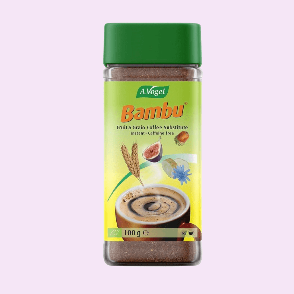 boite en verre contenant le substitut au café Bambu vogel avec céréale torréfiés, chicorée, blé, gland