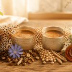 Transition entre une tasse de café et plusieurs alternatives sans caféine, dont la chicorée, le café de lupin et les boissons adaptogènes, présentées sur une table en bois dans une ambiance chaleureuse.