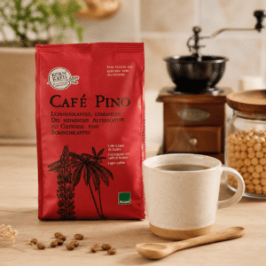 Paquet de café de lupin Café Pino dans une cuisine avec une tasse de café