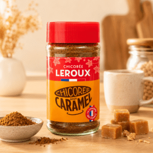 Pot de chicorée soluble Leroux goût caramel avec morceaux de caramel et chicorée en poudre