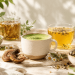 Trois tasses de boissons chaudes aux plantes, dont un latte vert au matcha, une infusion dorée et une tisane ambrée, entourées de champignons adaptogènes, de poudre verte, de camomille et d’herbes fraîches sur une table en pierre claire. Une composition naturelle et lumineuse évoquant les boissons bien-être sans caféine.